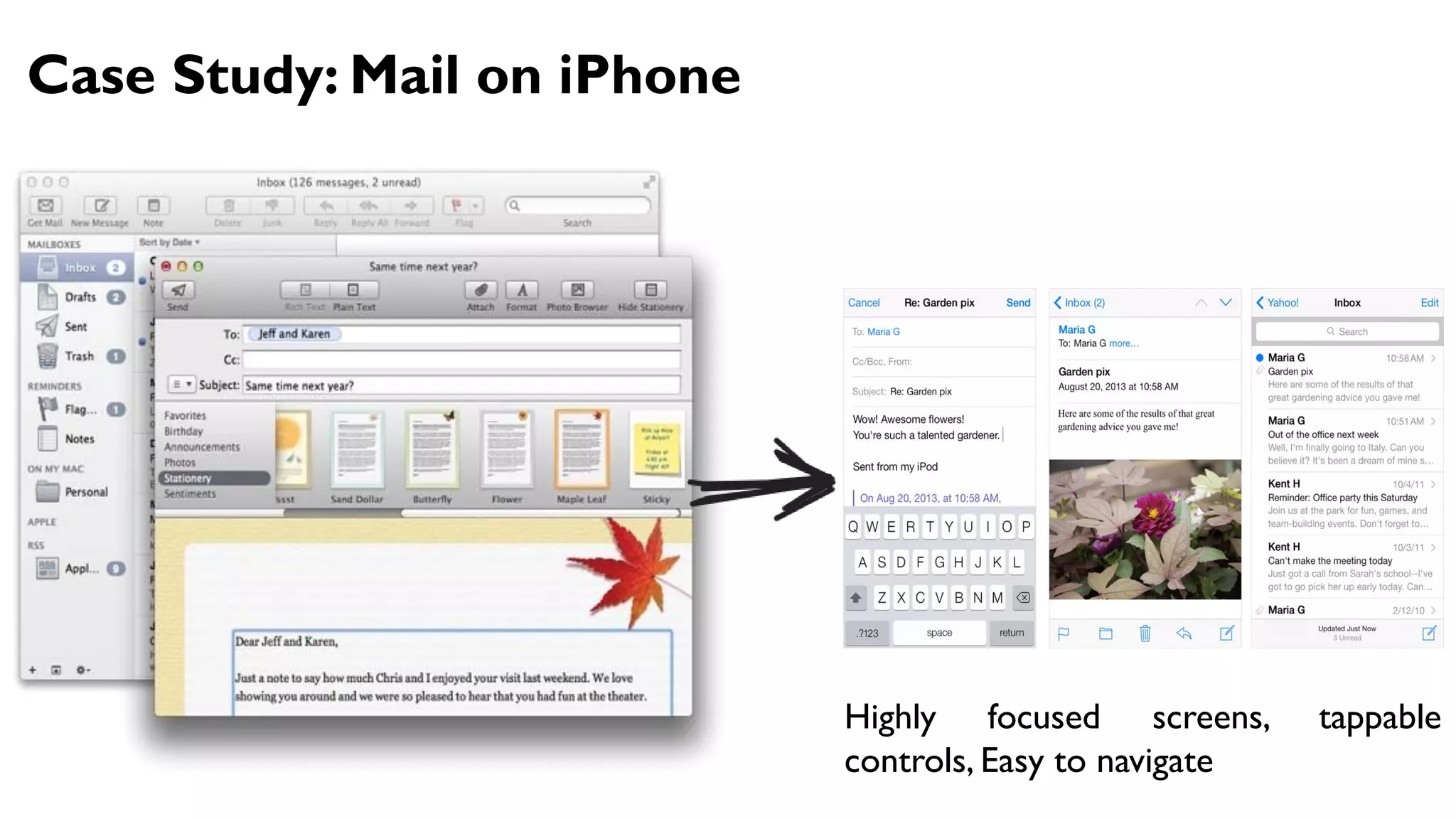 Case Study: Mail on iPhone
Highly focused screens, tappable
controls, Easy to navigate
 