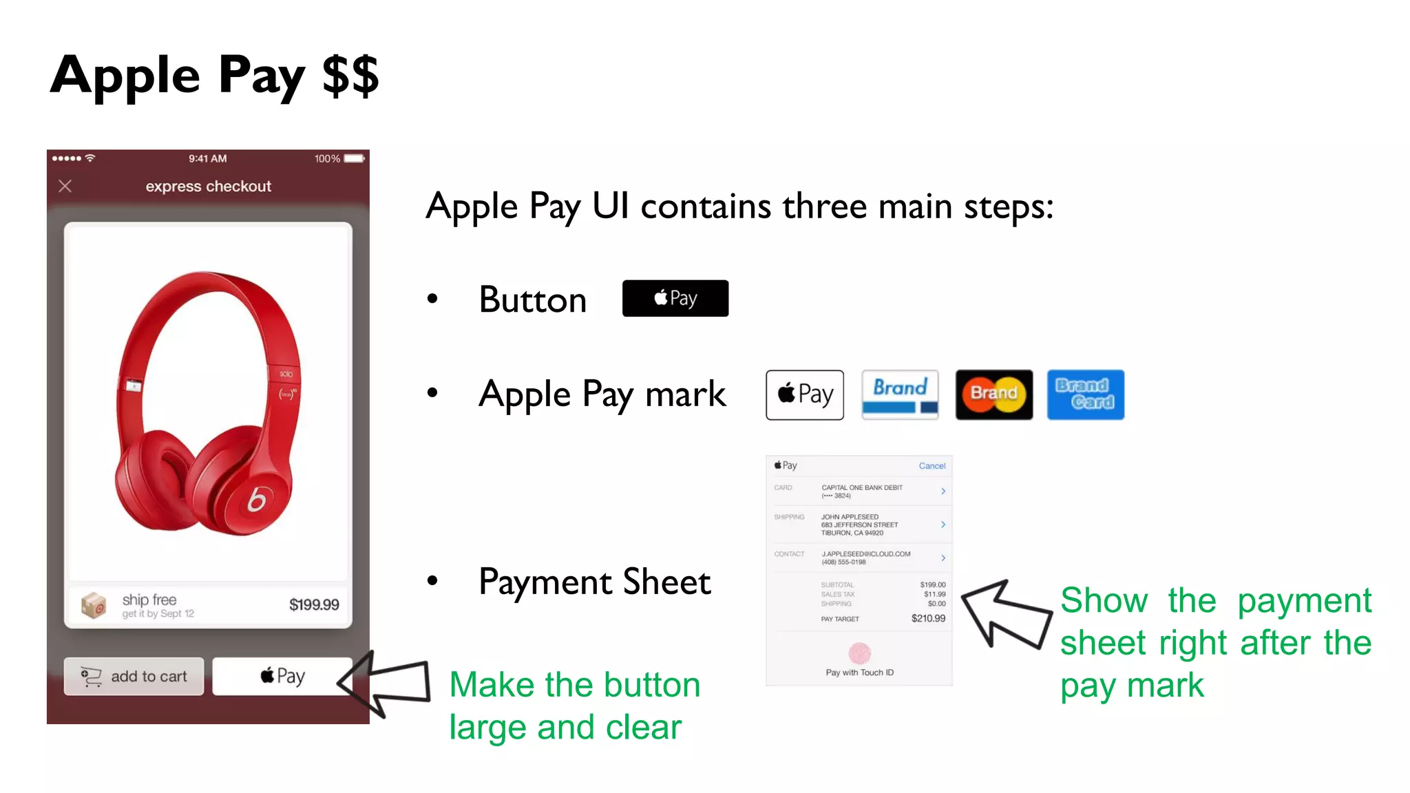 Apple Pay $$
Apple Pay UI contains three main steps:
• Button
• Apple Pay mark
• Payment Sheet
Make the button
large and clear
Show the payment
sheet right after the
pay mark
 