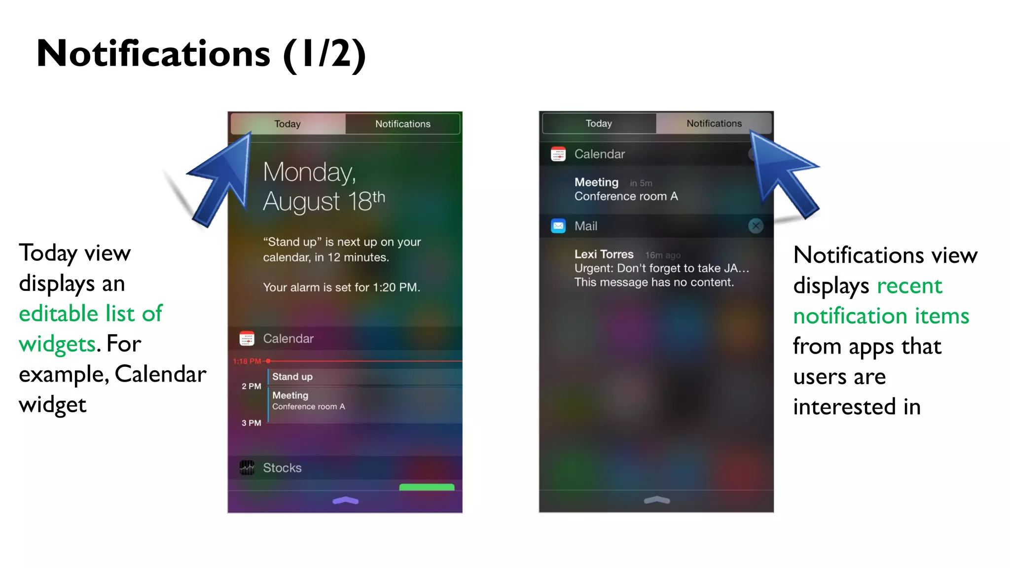 Notifications (1/2)
Today view
displays an
editable list of
widgets. For
example, Calendar
widget
Notifications view
displays recent
notification items
from apps that
users are
interested in
 