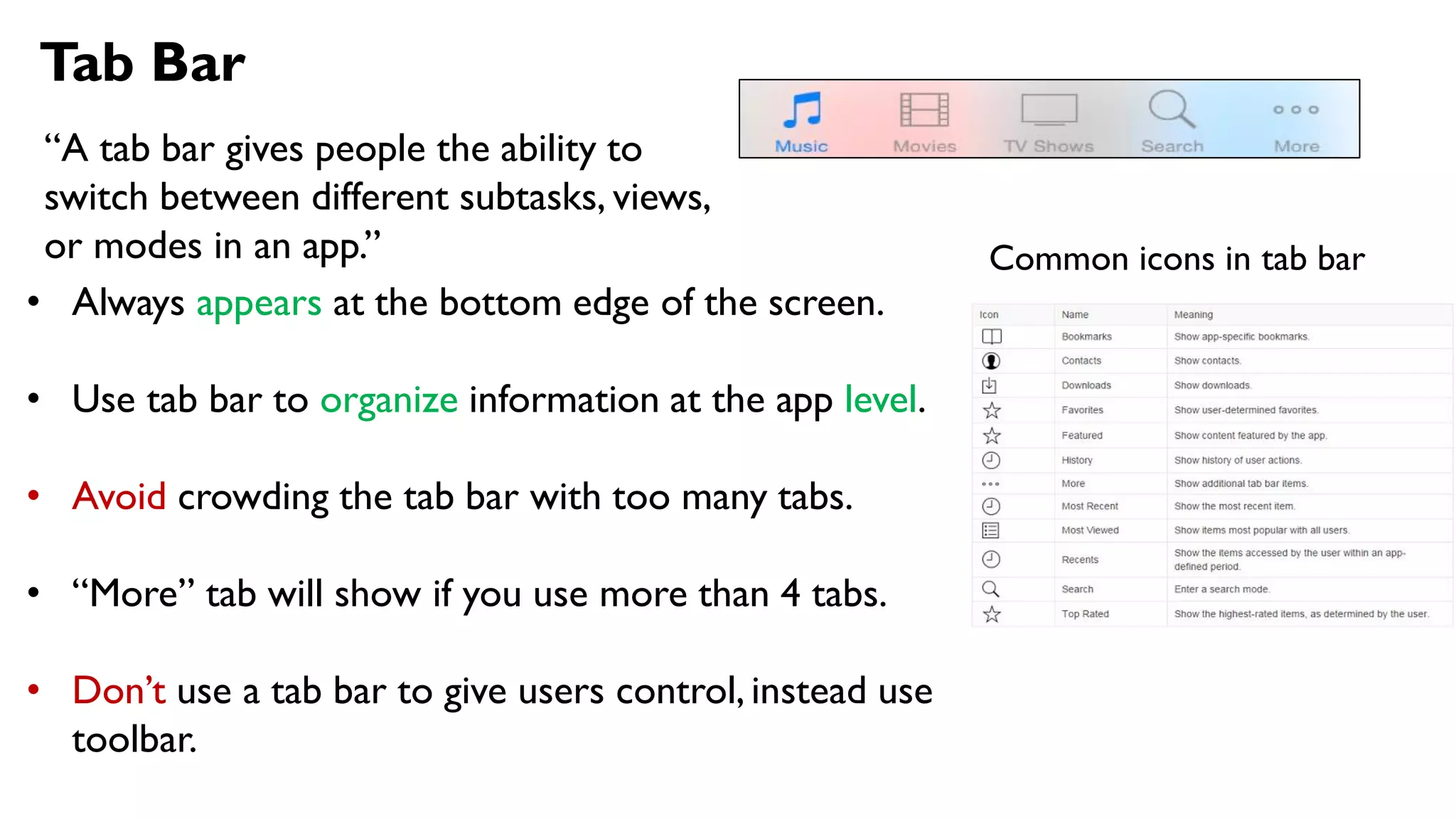 Tab Bar
“A tab bar gives people the ability to
switch between different subtasks, views,
or modes in an app.”
• Always appears at the bottom edge of the screen.
• Use tab bar to organize information at the app level.
• Avoid crowding the tab bar with too many tabs.
• “More” tab will show if you use more than 4 tabs.
• Don’t use a tab bar to give users control, instead use
toolbar.
Common icons in tab bar
 