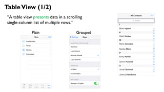 TableView (1/2)
“A table view presents data in a scrolling
single-column list of multiple rows.”
Plain Grouped
 