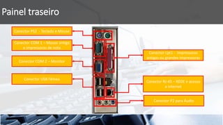 Painel traseiro
Conector PS2 - Teclado e Mouse
Conector COM 1 – Mouse antigo
e impressoras de nota
Conector COM 2 – Monitor
Conector USB Fêmea
Conector P2 para Áudio
Conector RJ-45 – REDE e acesso
a internet
Conector Lpt1 - Impressoras
antigas ou grandes impressoras
 