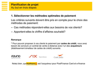 1. Sélectionner les méthodes optimales de paiement
Les critères suivants doivent être pris en compte pour le choix des
méthodes de paiement:
– Ces méthodes répondent-elles aux besoins de vos clients?
– Apportent-elles le chiffre d’affaires souhaité?
Remarque
* Pour pouvoir proposer à vos clients le paiement par cartes de crédit, vous avez
besoin de conclure un contrat de vente à distance avec l’un des acquéreurs
(établissement émetteur de cartes de crédit) suivants:
Planification de projet
Au but en trois étapes
Notez bien, que est l’acquéreur pour PostFinance Card et e-finance
 
