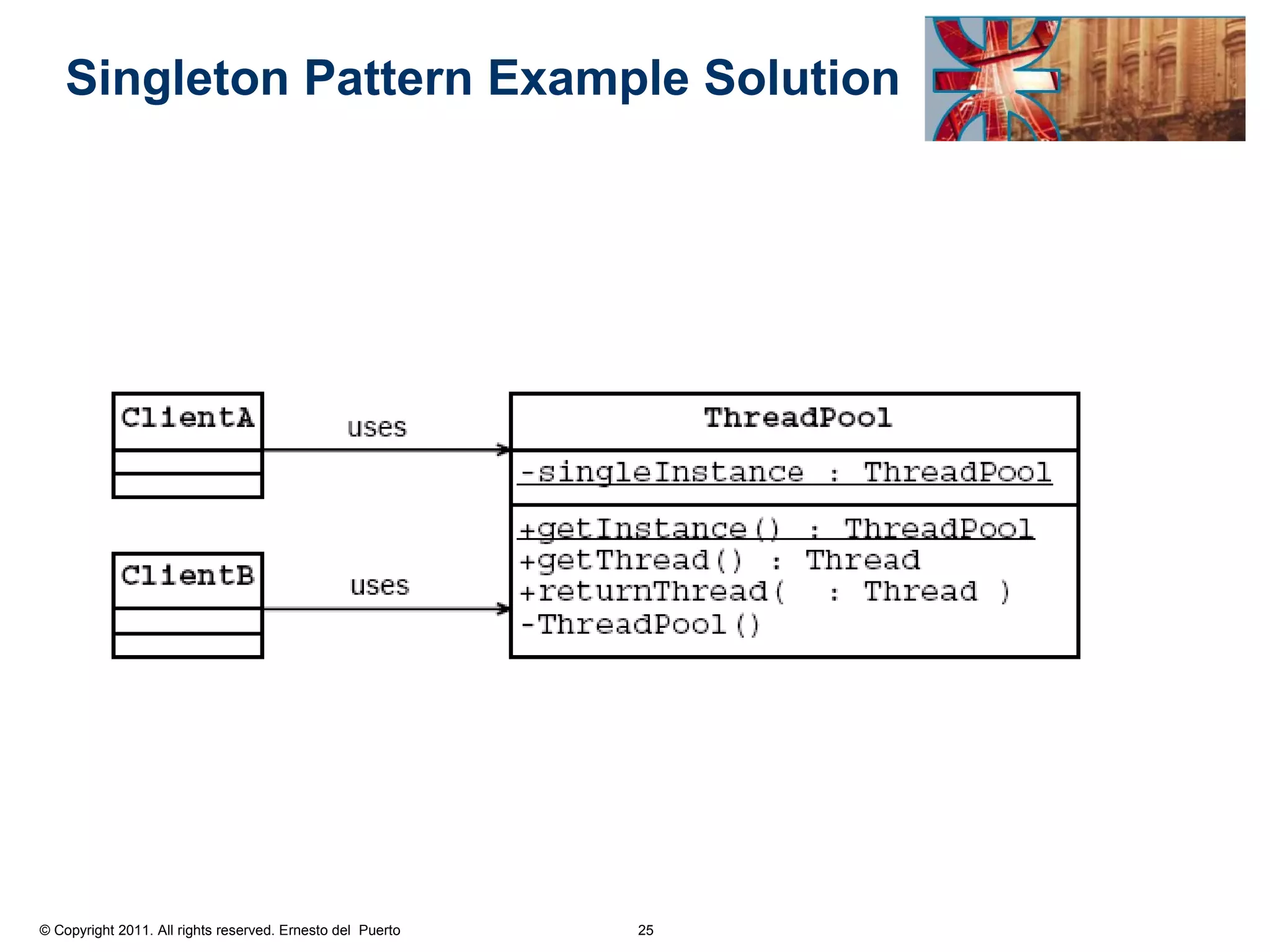 Singleton Pattern Example Solution




© Copyright 2011. All rights reserved. Ernesto del Puerto   25
 