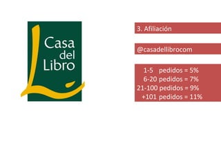 3. Afiliación

@casadellibrocom

  1-5 pedidos = 5%
  6-20 pedidos = 7%
21-100 pedidos = 9%
 +101 pedidos = 11%
 