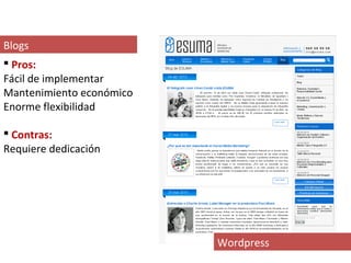 Blogs
 Pros:
Fácil de implementar
Mantenimiento económico
Enorme flexibilidad

 Contras:
Requiere dedicación




                          Wordpress
 