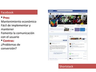 Facebook
 Pros:
Mantenimiento económico
Fácil de implementar y
mantener
Fomenta la comunicación
con el usuario
 Contras:
¿Problemas de
conversión?




                          Shortstack
 