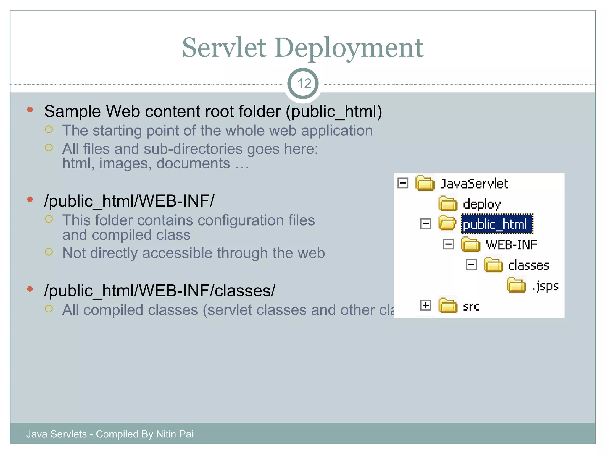 Servlet Deployment Sample Web content root folder (public_html) The starting point of the whole web application All files and sub-directories goes here: html, images, documents … /public_html/WEB-INF/ This folder contains configuration files  and compiled class Not directly accessible through the web /public_html/WEB-INF/classes/ All compiled classes (servlet classes and other classes) are in this folder Java Servlets - Compiled By Nitin Pai 