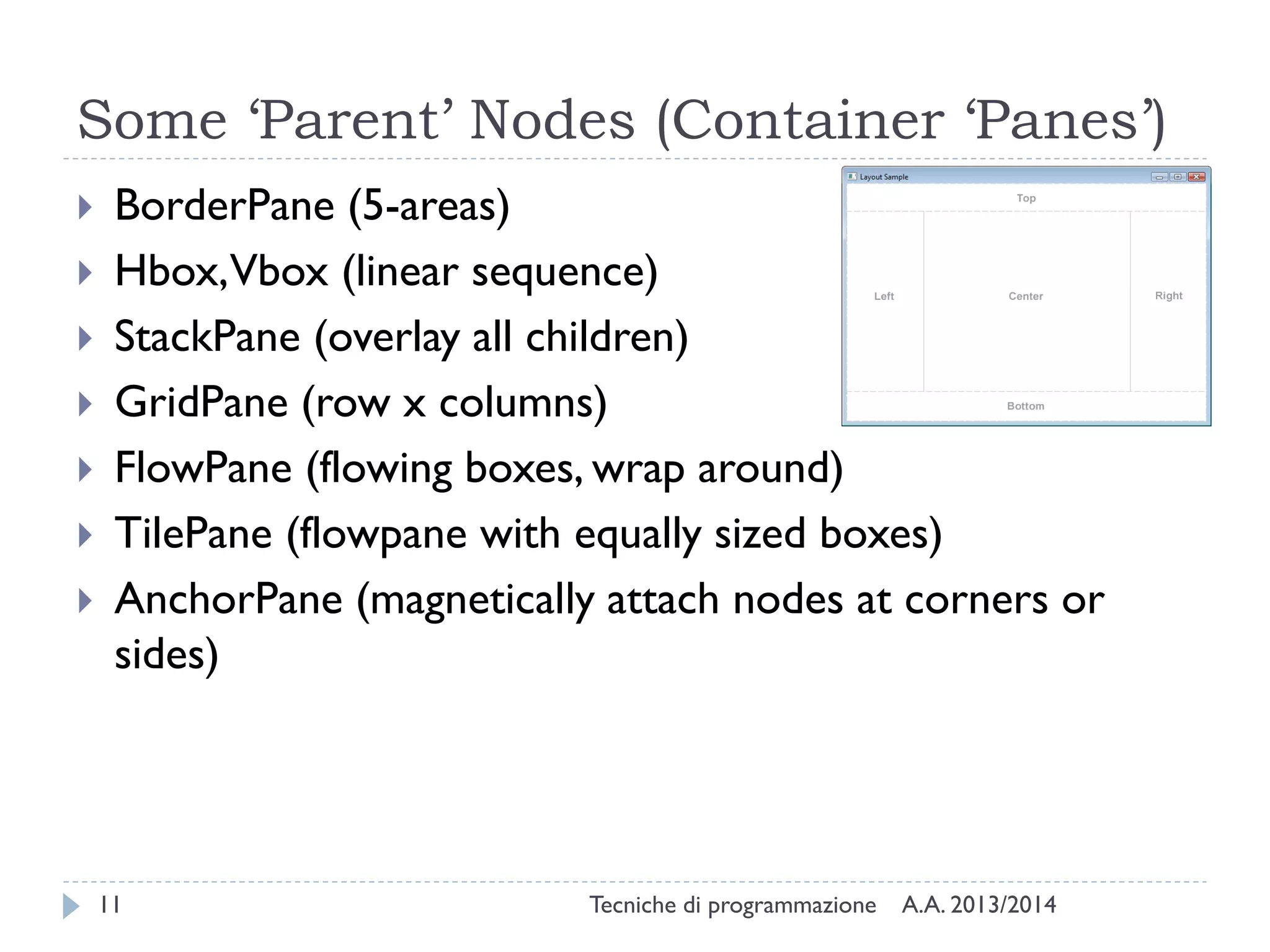 Some ‘Parent’ Nodes (Container ‘Panes’)










BorderPane (5-areas)
Hbox,Vbox (linear sequence)
StackPane (overlay all children)
GridPane (row x columns)
FlowPane (flowing boxes, wrap around)
TilePane (flowpane with equally sized boxes)
AnchorPane (magnetically attach nodes at corners or
sides)

11

Tecniche di programmazione

A.A. 2013/2014

 