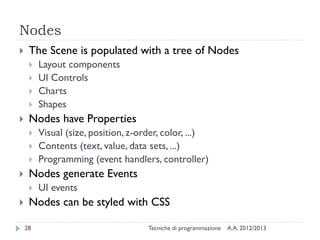Nodes


The Scene is populated with a tree of Nodes







Nodes have Properties







Visual (size, position, z-order, color, ...)
Contents (text, value, data sets, ...)
Programming (event handlers, controller)

Nodes generate Events




Layout components
UI Controls
Charts
Shapes

UI events

Nodes can be styled with CSS
28

Tecniche di programmazione

A.A. 2012/2013

 