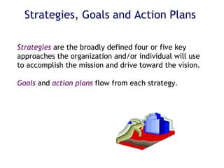 Strategies, Goals and Action Plans Strategies  are the broadly defined four or five key approaches the organization and/or individual will use to accomplish the mission and drive toward the vision.  Goals  and  action plans  flow from each strategy.  