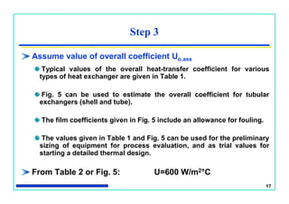17
Assume value of overall coefficient Uo,ass
Typical values of the overall heat-transfer coefficient for various
types of heat exchanger are given in Table 1.
Fig. 5 can be used to estimate the overall coefficient for tubular
exchangers (shell and tube).
The film coefficients given in Fig. 5 include an allowance for fouling.
The values given in Table 1 and Fig. 5 can be used for the preliminary
sizing of equipment for process evaluation, and as trial values for
starting a detailed thermal design.
From Table 2 or Fig. 5: U=600 W/m2°C
Step 3
 