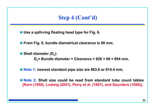 23
Step 4 (Cont’d)
Use a split-ring floating head type for Fig. 6.
From Fig. 6, bundle diametrical clearance is 68 mm.
Shell diameter (Ds):
Ds= Bundle diameter + Clearance = 826 + 68 = 894 mm.
Note 1: nearest standard pipe size are 863.6 or 914.4 mm.
Note 2: Shell size could be read from standard tube count tables
[Kern (1950), Ludwig (2001), Perry et al. (1997), and Saunders (1988)].
 