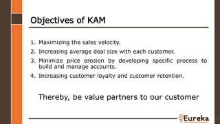 Objectives of KAM
1. Maximizing the sales velocity.
2. Increasing average deal size with each customer.
3. Minimize price erosion by developing specific process to
build and manage accounts.
4. Increasing customer loyalty and customer retention.
Thereby, be value partners to our customer
24
 