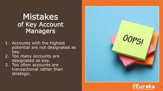 Mistakes
of Key Account
Managers
1. Accounts with the highest
potential are not designated as
key.
2. Too many accounts are
designated as key.
3. Too often accounts are
transactional rather than
strategic.
30
 