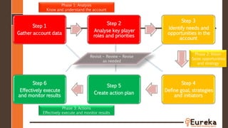 Step 1
Gather account data
Step 2
Analyse key player
roles and priorities
Step 3
Identify needs and
opportunities in the
account
Step 4
Define goal, strategies
and initiators
Step 5
Create action plan
Step 6
Effectively execute
and monitor results
Phase 1: Analysis
Know and understand the account
Phase 2: Vision
Seize opportunities
and strategy
Phase 3: Actions
Effectively execute and monitor results
Revisit – Review – Revise
as needed
 