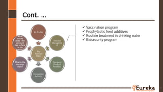 Cont. …
45
Key
Account
Data
KA Profile
Disease
Manageme
nt
Company
Product
Portfolio
Competitor
Activity
What is the
decision
chain?
What
issues
does the
account
has to face
in his
activity?
 Vaccination program
 Prophylactic feed additives
 Routine treatment in drinking water
 Biosecurity program
 