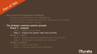 › Key account management essentials
– The key account definition and classification
– The key account management definition, objectives and concept
– Functions of key account manager
› The strategic customer partner process
– Phase 1: analysis
› Step 1 - gather account data
› Step 2 - analyze key player roles and priorities
– Phase 2: vision
› Step 3 - identify needs and opportunities in the account
› Step 4 - define goals, strategies and initiatives
– Phase 3: actions
› Step 5 - create action plan
› Step 6 - track key performance indicators
51
 