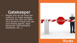 Gatekeeper
• People who do not have the
authority to make strategic
decisions but who can block
your access to those who can
(purchasing agents, legal
personnel, administrative
assistants, etc...)
 