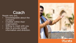 Coach
People who are;
• knowledgeable about the
company.
• Credible within their
organization.
• Willing to meet with you
• Able to provide insight
information and direction.
 
