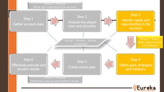 Step 1
Gather account data
Step 2
Analyze key player
roles and priorities
Step 3
Identify needs and
opportunities in the
account
Step 4
Define goal, strategies
and initiators
Step 5
Create action plan
Step 6
Effectively execute and
monitor results
Phase 1: Analysis
Know and understand the account
Phase 2: Vision
Seize opportunities
and strategy
Phase 3: Actions
Effectively execute and monitor results
Revisit – Review – Revise
as needed
 