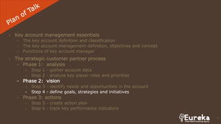 › Key account management essentials
– The key account definition and classification
– The key account management definition, objectives and concept
– Functions of key account manager
› The strategic customer partner process
– Phase 1: analysis
› Step 1 - gather account data
› Step 2 - analyze key player roles and priorities
– Phase 2: vision
› Step 3 - identify needs and opportunities in the account
› Step 4 - define goals, strategies and initiatives
– Phase 3: actions
› Step 5 - create action plan
› Step 6 - track key performance indicators
71
 
