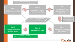 Step 1
Gather account data
Step 2
Analyse key player
roles and priorities
Step 3
Identify needs and
opportunities in the
account
Step 4
Define goal, strategies
and initiators
Step 5
Create action plan
Step 6
Execute action and
monitor results
Phase 1: Analysis
Know and understand the account
Phase 2: Vision
Seize opportunities
and strategy
Phase 3: Actions
Effectively execute and monitor results
Revisit – Review – Revise
as needed
 