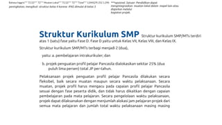 Bahasa Inggris*** 72 (2)*** 72*** Muatan Lokal*** 72 (2)*** 72*** Total*** 1.044(29) 252 1.296
peningkatan, mengikuti struktur kelas 4 karena IPAS dimulai di kelas 3
***opsional. Satuan Pendidikan dapat
mengintegrasikan muatan lokal dalam mapel lain atau
diajarkan melalui
kegiatan projek.
Struktur Kurikulum SMP Struktur kurikulum SMP/MTs terdiri
atas 1 (satu) fase yaitu Fase D. Fase D yaitu untuk Kelas VII, Kelas VIII, dan Kelas IX.
Struktur kurikulum SMP/MTs terbagi menjadi 2 (dua),
yaitu: a. pembelajaran intrakurikuler; dan
b. projek penguatan profil pelajar Pancasila dialokasikan sekitar 25% (dua
puluh lima persen) total JP per-tahun.
Pelaksanaan projek penguatan profil pelajar Pancasila dilakukan secara
fleksibel, baik secara muatan maupun secara waktu pelaksanaan. Secara
muatan, projek profil harus mengacu pada capaian profil pelajar Pancasila
sesuai dengan fase peserta didik, dan tidak harus dikaitkan dengan capaian
pembelajaran pada mata pelajaran. Secara pengelolaan waktu pelaksanaan,
projek dapat dilaksanakan dengan menjumlah alokasi jam pelajaran projek dari
semua mata pelajaran dan jumlah total waktu pelaksanaan masing masing
 