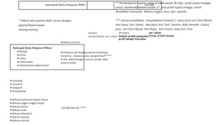 Kelompok Mata Pelajaran MIPA - 720-900
* Diikuti oleh peserta didik sesuai dengan
agama/kepercayaan
masing-masing.
** Pembelajaran reguler kelas XI tidak penuh 36 (tiga puluh enam) minggu
untuk memenuhi alokasi projek 27 (dua puluh tujuh) minggu untuk
Pendidikan Pancasila, Bahasa Inggris, Seni, dan Sejarah.
*** Satuan pendidikan menyediakan minimal 1 (satu) jenis seni (Seni Musik,
Seni Rupa, Seni Teater, dan/atau Seni Tari). Peserta didik memilih 1 (satu)
jenis seni (Seni Musik, Seni Rupa, Seni Teater, atau Seni Tari).
Alokasi
intrakurikuler per tahun
(minggu)
Alokasi projek penguatan
profil pelajar Pancasila
per tahun
TOTAL JP PER TAHUN
Kelompok Mata Pelajaran Pilihan:
● Biologi
● Kimia
● Fisika
● Informatika
● Matematika tingkat lanjut
● Sosiologi
● Ekonomi
● Geografi
● Antropologi
● Bahasa Indonesia tingkat lanjut
● Bahasa Inggris tingkat lanjut
● Bahasa Korea
● Bahasa Arab
● Bahasa Mandarin
● Bahasa Jepang
● Bahasa Jerman
● Bahasa Prancis
● Prakarya dan Kewirausahaan (budidaya,
kerajinan, rekayasa, atau pengolahan)*****
● dsb. dikembangkan sesuai sumber daya
yang tersedia
720-900 (20-25) ****
 