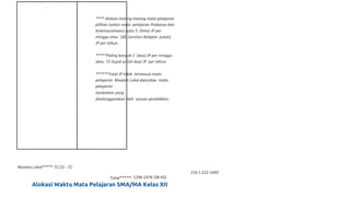 -
**** Alokasi masing masing mata pelajaran
pilihan (selain mata pelajaran Prakarya dan
Kewirausahaan) yaitu 5 (lima) JP per
minggu atau 180 (seratus delapan puluh)
JP per tahun.
*****Paling banyak 2 (dua) JP per minggu
atau 72 (tujuh puluh dua) JP per tahun.
******Total JP tidak termasuk mata
pelajaran Muatan Lokal dan/atau mata
pelajaran
tambahan yang
diselenggarakan oleh satuan pendidikan.
Muatan Lokal***** 72 (2) - 72
Total*****: 1296-1476 (38-43)
216 1.512-1692
Alokasi Waktu Mata Pelajaran SMA/MA Kelas XII
 