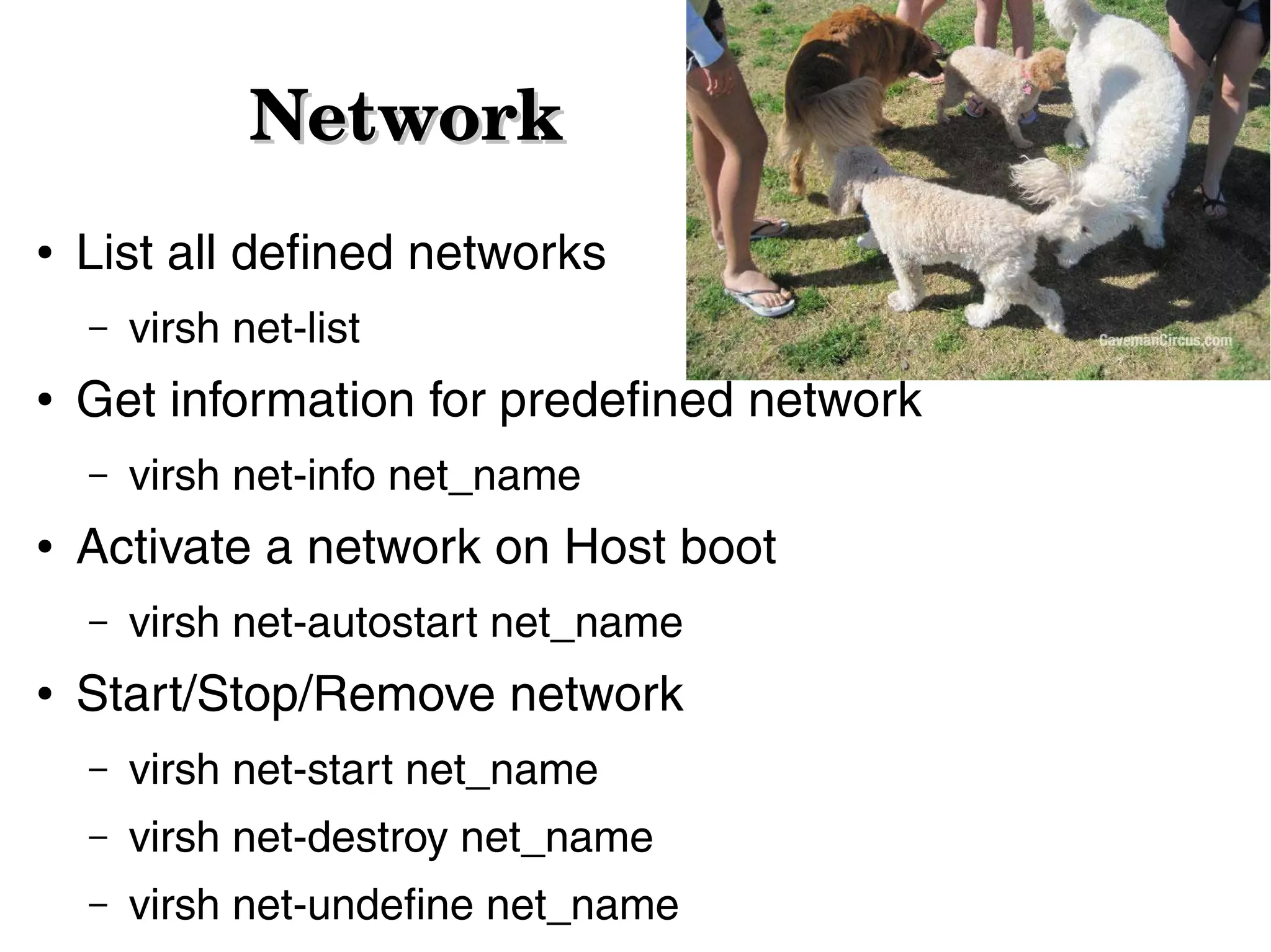 Network
●

List all defined networks
–

●

Get information for predefined network
–

●

virsh net-info net_name

Activate a network on Host boot
–

●

virsh net-list

virsh net-autostart net_name

Start/Stop/Remove network
–

virsh net-start net_name

–

virsh net-destroy net_name

–

virsh net-undefine net_name

 