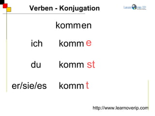 ich komm du komm er/sie/es komm Verben - Konjugation http://www.learnoverip.com komm en e st t 