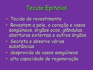 Tecido Epitelial Tecido de revestimento Revestem a pele, o coração e vasos sangüíneos, órgãos ocos, glândulas, aberturas externas e outros órgãos. Secreta e absorve várias substâncias desprovido de vasos sangüíneos alta capacidade de regeneração 