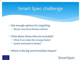 SmartSpec
 Not enough options for targetting
 No (or very few) obvious choices
 What about those who are excluded?
 Wh...