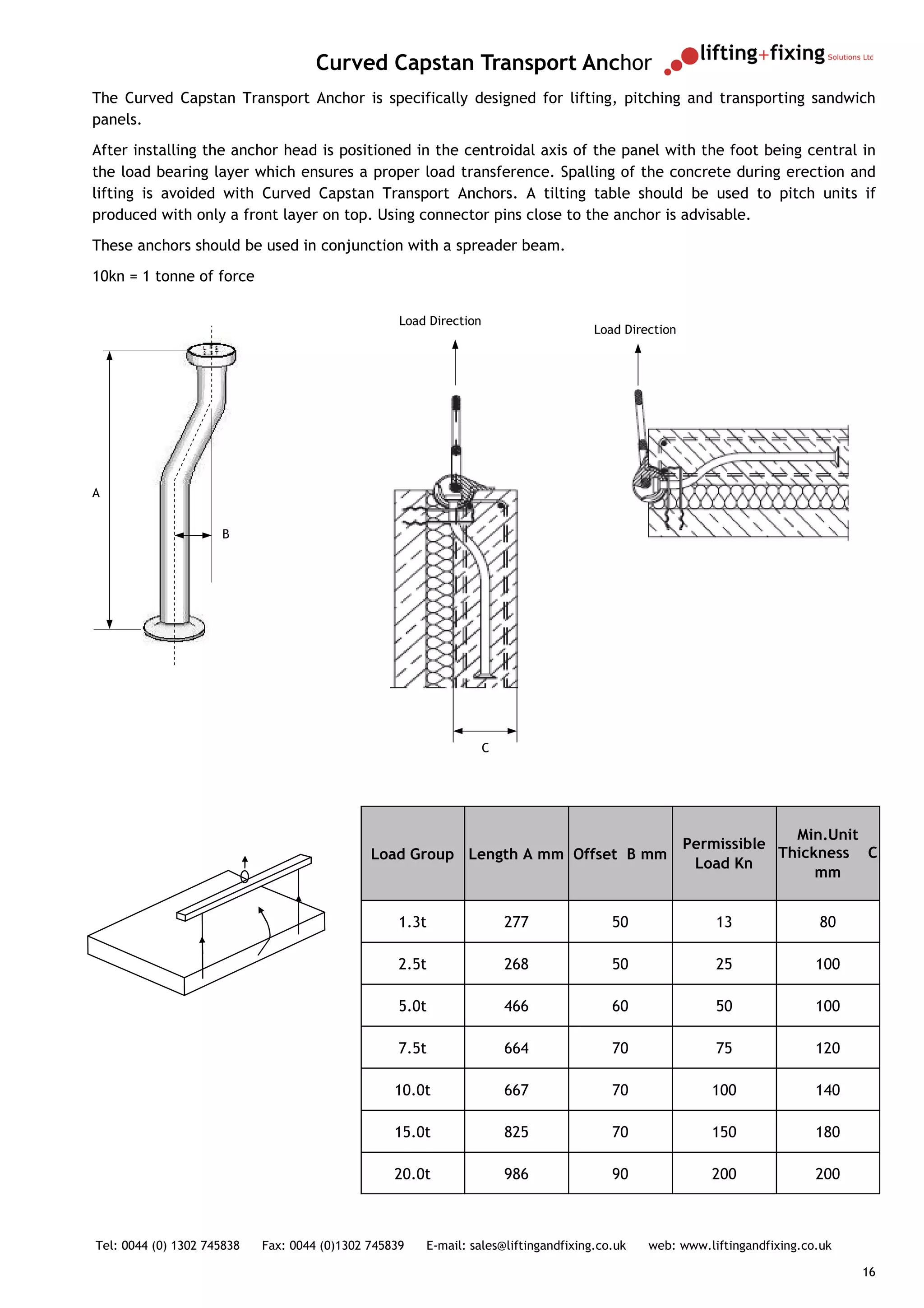 Curved Capstan Transport Anchor
The Curved Capstan Transport Anchor is specifically designed for lifting, pitching and transporting sandwich
panels.
After installing the anchor head is positioned in the centroidal axis of the panel with the foot being central in
the load bearing layer which ensures a proper load transference. Spalling of the concrete during erection and
lifting is avoided with Curved Capstan Transport Anchors. A tilting table should be used to pitch units if
produced with only a front layer on top. Using connector pins close to the anchor is advisable.
These anchors should be used in conjunction with a spreader beam.
10kn = 1 tonne of force

                                                   Load Direction
                                                                                     Load Direction




A


                     B




                                                                    C




                                                                                                                    Min.Unit
                                                                                                      Permissible
                                              Load Group Length A mm Offset B mm                                  Thickness C
                                                                                                       Load Kn
                                                                                                                       mm


                                                   1.3t                 277             50               13               80

                                                   2.5t                 268             50               25               100

                                                   5.0t                 466             60               50               100

                                                   7.5t                 664             70               75               120

                                                  10.0t                 667             70               100              140

                                                  15.0t                 825             70               150              180

                                                  20.0t                 986             90               200              200



Tel: 0044 (0) 1302 745838   Fax: 0044 (0)1302 745839   E-mail: sales@liftingandfixing.co.uk   web: www.liftingandfixing.co.uk

                                                                                                                                16
 