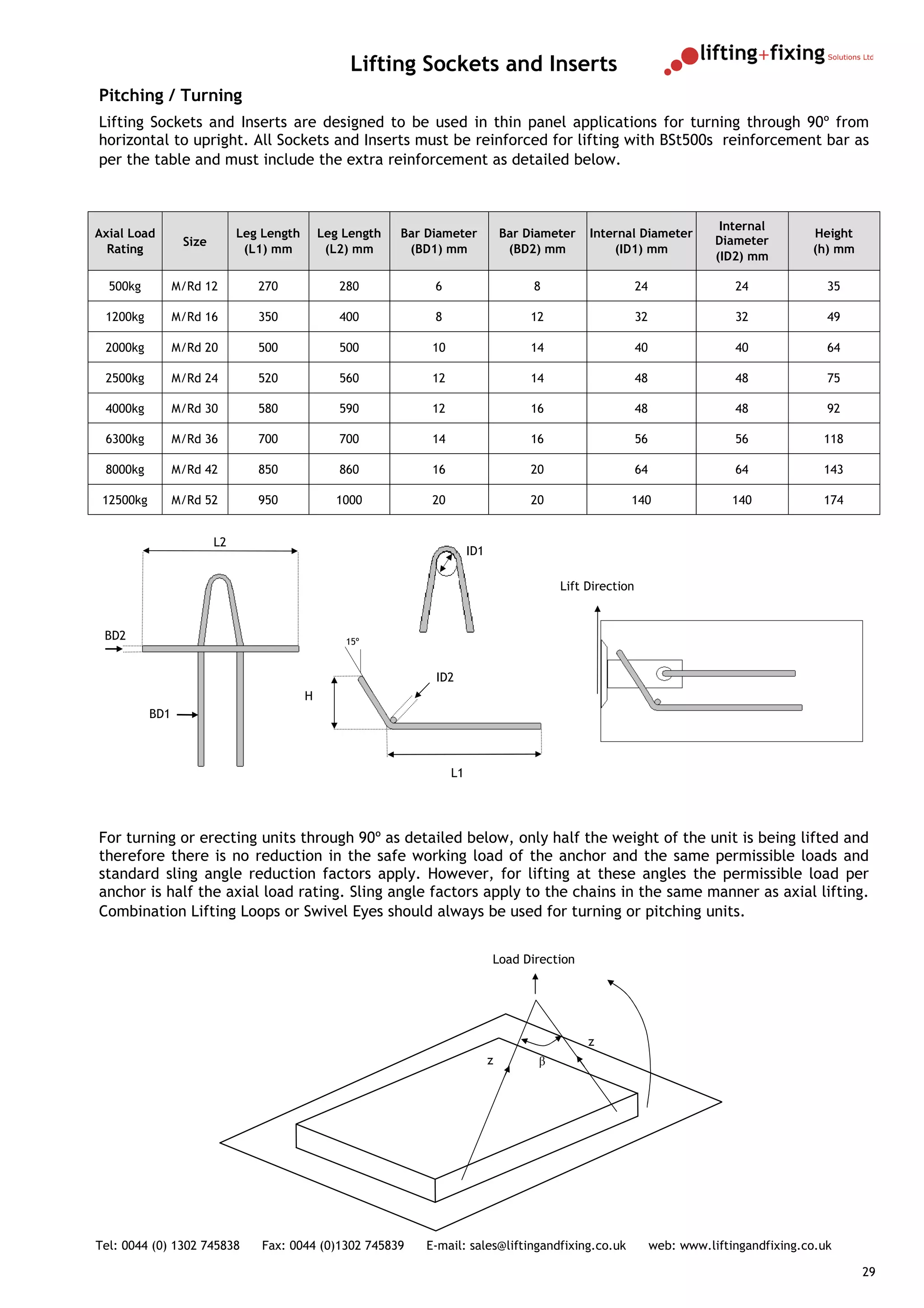 Lifting Sockets and Inserts
Pitching / Turning
Lifting Sockets and Inserts are designed to be used in thin panel applications for turning through 90º from
horizontal to upright. All Sockets and Inserts must be reinforced for lifting with BSt500s reinforcement bar as
per the table and must include the extra reinforcement as detailed below.



                                                                                                                                 Internal
Axial Load                    Leg Length       Leg Length   Bar Diameter             Bar Diameter   Internal Diameter                           Height
                  Size                                                                                                          Diameter
  Rating                       (L1) mm          (L2) mm      (BD1) mm                 (BD2) mm          (ID1) mm                                (h) mm
                                                                                                                                (ID2) mm

  500kg          M/Rd 12         270              280            6                        8                     24                 24              35

 1200kg          M/Rd 16         350              400            8                       12                     32                 32              49

 2000kg          M/Rd 20         500              500            10                      14                     40                 40              64

 2500kg          M/Rd 24         520              560            12                      14                     48                 48              75

 4000kg          M/Rd 30         580              590            12                      16                     48                 48              92

 6300kg          M/Rd 36         700              700            14                      16                     56                 56             118

 8000kg          M/Rd 42         850              860            16                      20                     64                 64             143

 12500kg         M/Rd 52         950             1000            20                      20                 140                    140            174


                         L2
                                                                           ID1

                                                                                               Lift Direction


 BD2                                               15º


                                                                 ID2
                                           H
           BD1



                                                                      L1




For turning or erecting units through 90º as detailed below, only half the weight of the unit is being lifted and
therefore there is no reduction in the safe working load of the anchor and the same permissible loads and
standard sling angle reduction factors apply. However, for lifting at these angles the permissible load per
anchor is half the axial load rating. Sling angle factors apply to the chains in the same manner as axial lifting.
Combination Lifting Loops or Swivel Eyes should always be used for turning or pitching units.


                                                                                 Load Direction




                                                                                                    z
                                                                                 z         β




Tel: 0044 (0) 1302 745838         Fax: 0044 (0)1302 745839      E-mail: sales@liftingandfixing.co.uk                 web: www.liftingandfixing.co.uk

                                                                                                                                                         29
 