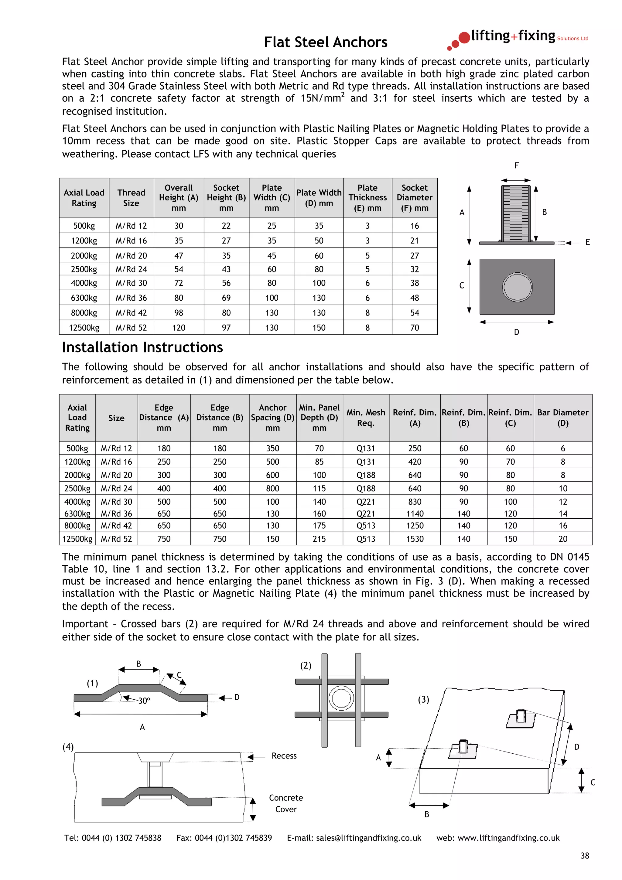 Flat Steel Anchors
Flat Steel Anchor provide simple lifting and transporting for many kinds of precast concrete units, particularly
when casting into thin concrete slabs. Flat Steel Anchors are available in both high grade zinc plated carbon
steel and 304 Grade Stainless Steel with both Metric and Rd type threads. All installation instructions are based
on a 2:1 concrete safety factor at strength of 15N/mm2 and 3:1 for steel inserts which are tested by a
recognised institution.
Flat Steel Anchors can be used in conjunction with Plastic Nailing Plates or Magnetic Holding Plates to provide a
10mm recess that can be made good on site. Plastic Stopper Caps are available to protect threads from
weathering. Please contact LFS with any technical queries
                                                                                                                            F

                             Overall    Socket     Plate                  Plate             Socket
Axial Load     Thread                                       Plate Width
                            Height (A) Height (B) Width (C)             Thickness          Diameter
  Rating        Size                                          (D) mm
                               mm         mm        mm                   (E) mm             (F) mm            A                    B
  500kg        M/Rd 12            30         22         25              35         3           16
  1200kg       M/Rd 16            35         27         35              50         3           21                                                   E
  2000kg       M/Rd 20            47         35         45              60         5           27
  2500kg       M/Rd 24            54         43         60              80         5           32
  4000kg       M/Rd 30            72         56         80              100        6           38             C
  6300kg       M/Rd 36            80         69         100             130       6            48
  8000kg       M/Rd 42            98         80         130             130       8            54
 12500kg       M/Rd 52            120        97         130             150       8            70
                                                                                                                            D

Installation Instructions
The following should be observed for all anchor installations and should also have the specific pattern of
reinforcement as detailed in (1) and dimensioned per the table below.

Axial                     Edge         Edge       Anchor Min. Panel
                                                                      Min. Mesh Reinf. Dim. Reinf. Dim. Reinf. Dim. Bar Diameter
 Load        Size     Distance (A) Distance (B) Spacing (D) Depth (D)
                                                                        Req.        (A)         (B)         (C)          (D)
Rating                     mm          mm          mm         mm

 500kg      M/Rd 12         180            180          350             70      Q131          250             60          60               6
1200kg      M/Rd 16         250            250          500             85      Q131          420             90          70               8
2000kg      M/Rd 20         300            300          600             100     Q188          640             90          80               8
2500kg      M/Rd 24         400            400          800             115     Q188          640             90          80           10
4000kg      M/Rd 30         500            500          100             140     Q221         830               90        100           12
6300kg      M/Rd 36         650            650          130             160     Q221         1140             140        120           14
8000kg      M/Rd 42         650            650          130             175     Q513         1250             140        120           16
12500kg     M/Rd 52         750            750          150             215     Q513         1530             140        150           20

The minimum panel thickness is determined by taking the conditions of use as a basis, according to DN 0145
Table 10, line 1 and section 13.2. For other applications and environmental conditions, the concrete cover
must be increased and hence enlarging the panel thickness as shown in Fig. 3 (D). When making a recessed
installation with the Plastic or Magnetic Nailing Plate (4) the minimum panel thickness must be increased by
the depth of the recess.
Important – Crossed bars (2) are required for M/Rd 24 threads and above and reinforcement should be wired
either side of the socket to ensure close contact with the plate for all sizes.

                      B                                           (2)
                                   C
      (1)
                      30º                         D                                             (3)

                      A

(4)                                                                                                                                            D
                                                         Recess                        A

                                                                                                                                                        C
                                                         Concrete
                                                          Cover
                                                                                                     B

Tel: 0044 (0) 1302 745838         Fax: 0044 (0)1302 745839    E-mail: sales@liftingandfixing.co.uk       web: www.liftingandfixing.co.uk

                                                                                                                                                   38
 
