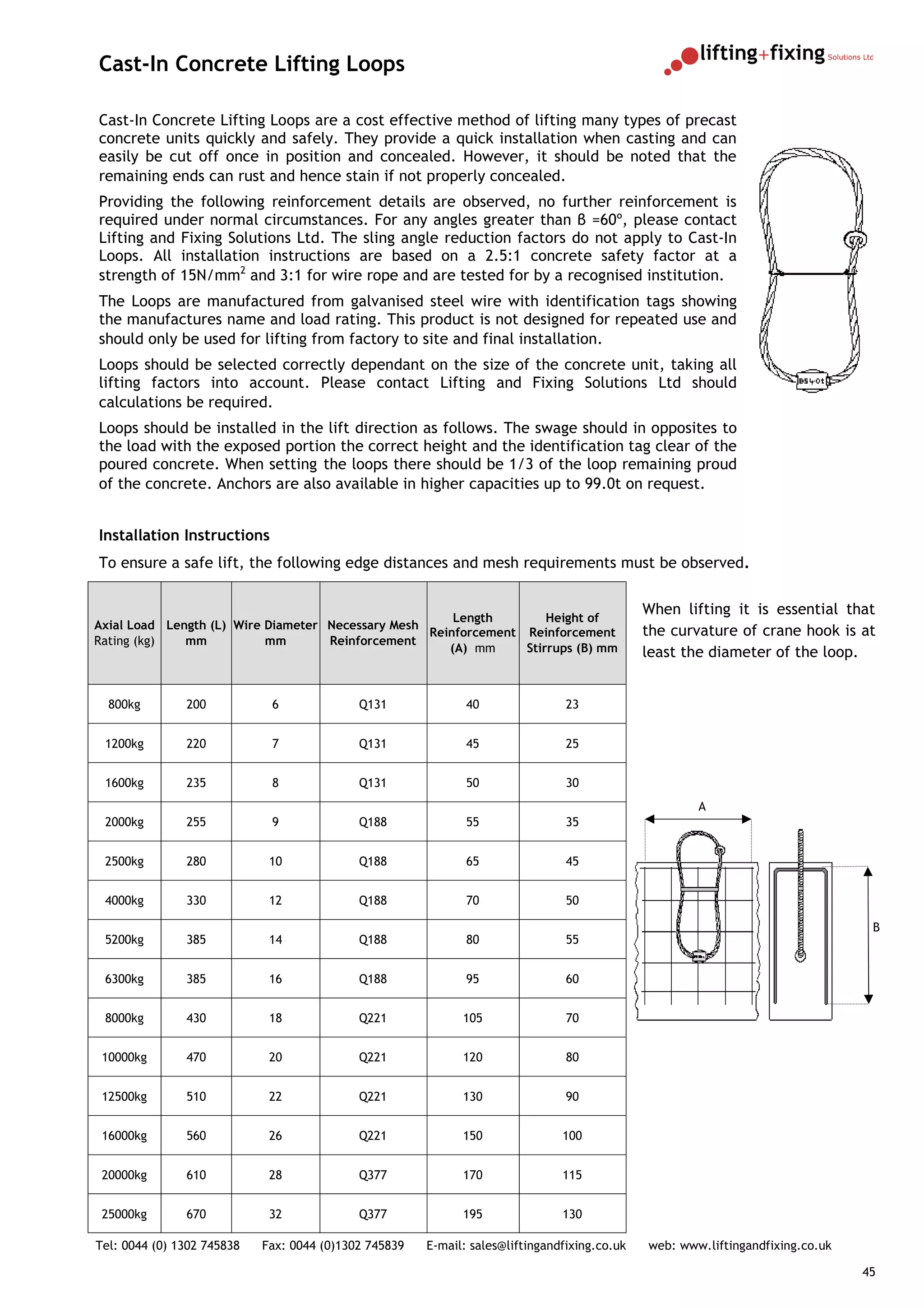 Cast-In Concrete Lifting Loops

Cast-In Concrete Lifting Loops are a cost effective method of lifting many types of precast
concrete units quickly and safely. They provide a quick installation when casting and can
easily be cut off once in position and concealed. However, it should be noted that the
remaining ends can rust and hence stain if not properly concealed.
Providing the following reinforcement details are observed, no further reinforcement is
required under normal circumstances. For any angles greater than β =60º, please contact
Lifting and Fixing Solutions Ltd. The sling angle reduction factors do not apply to Cast-In
Loops. All installation instructions are based on a 2.5:1 concrete safety factor at a
strength of 15N/mm2 and 3:1 for wire rope and are tested for by a recognised institution.
The Loops are manufactured from galvanised steel wire with identification tags showing
the manufactures name and load rating. This product is not designed for repeated use and
should only be used for lifting from factory to site and final installation.
Loops should be selected correctly dependant on the size of the concrete unit, taking all
lifting factors into account. Please contact Lifting and Fixing Solutions Ltd should
calculations be required.
Loops should be installed in the lift direction as follows. The swage should in opposites to
the load with the exposed portion the correct height and the identification tag clear of the
poured concrete. When setting the loops there should be 1/3 of the loop remaining proud
of the concrete. Anchors are also available in higher capacities up to 99.0t on request.


Installation Instructions
To ensure a safe lift, the following edge distances and mesh requirements must be observed.

                                                                                              When lifting it is essential that
                                                       Length        Height of
Axial Load Length (L) Wire Diameter Necessary Mesh
                                                   Reinforcement Reinforcement                the curvature of crane hook is at
Rating (kg)   mm           mm       Reinforcement
                                                      (A) mm     Stirrups (B) mm              least the diameter of the loop.


  800kg        200           6              Q131              40                23


 1200kg        220           7              Q131              45                25


 1600kg        235           8              Q131              50                30
                                                                                                      A
 2000kg        255           9              Q188              55                35


 2500kg        280           10             Q188              65                45


 4000kg        330           12             Q188              70                50

                                                                                                                                 B
 5200kg        385           14             Q188              80                55


 6300kg        385           16             Q188              95                60


 8000kg        430           18             Q221             105                70


 10000kg       470           20             Q221             120                80


 12500kg       510           22             Q221             130                90


 16000kg       560           26             Q221             150               100


 20000kg       610           28             Q377             170               115


 25000kg       670           32             Q377             195               130

Tel: 0044 (0) 1302 745838   Fax: 0044 (0)1302 745839   E-mail: sales@liftingandfixing.co.uk   web: www.liftingandfixing.co.uk

                                                                                                                                45
 