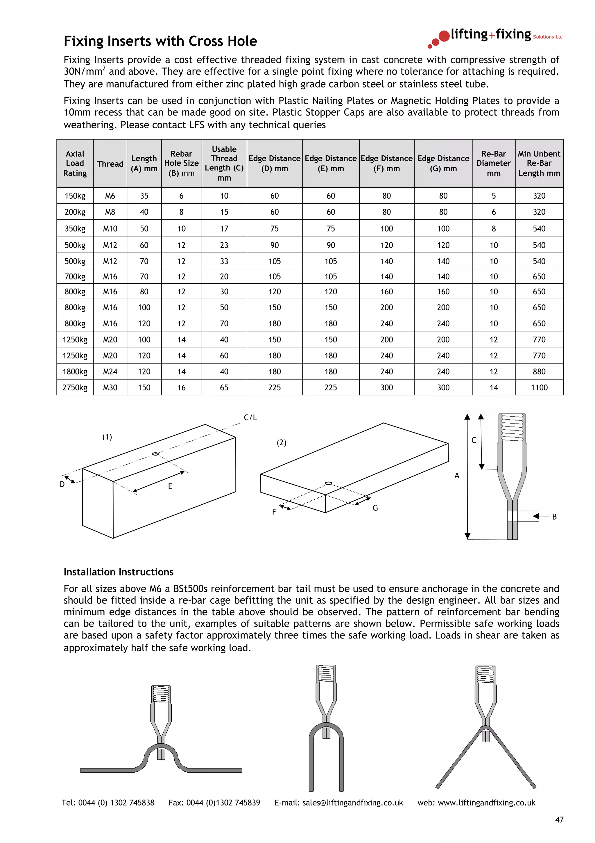 Fixing Inserts with Cross Hole
Fixing Inserts provide a cost effective threaded fixing system in cast concrete with compressive strength of
30N/mm2 and above. They are effective for a single point fixing where no tolerance for attaching is required.
They are manufactured from either zinc plated high grade carbon steel or stainless steel tube.
Fixing Inserts can be used in conjunction with Plastic Nailing Plates or Magnetic Holding Plates to provide a
10mm recess that can be made good on site. Plastic Stopper Caps are also available to protect threads from
weathering. Please contact LFS with any technical queries

                                   Usable
 Axial                   Rebar                                                                    Re-Bar Min Unbent
                Length            Thread Edge Distance Edge Distance Edge Distance Edge Distance
 Load    Thread        Hole Size                                                                 Diameter   Re-Bar
                (A) mm           Length (C) (D) mm        (E) mm        (F) mm        (G) mm
Rating                  (B) mm                                                                      mm    Length mm
                                    mm

150kg      M6        35         6        10            60             60               80           80            5          320

200kg      M8        40         8        15            60             60               80           80            6          320

350kg      M10       50         10       17            75             75               100          100           8          540

500kg      M12       60         12       23            90             90               120          120           10         540

500kg      M12       70         12       33            105           105               140          140           10         540
700kg      M16       70         12       20            105           105               140          140           10         650
800kg      M16       80         12       30            120           120               160          160           10         650
800kg      M16      100         12       50            150           150               200          200           10         650
800kg      M16      120         12       70            180           180               240          240           10         650

1250kg     M20      100         14       40            150           150               200          200           12         770
1250kg     M20      120         14       60            180           180               240          240           12         770
1800kg     M24      120         14       40            180           180               240          240           12         880
2750kg     M30      150         16       65            225           225               300          300           14        1100


                                               C/L

          (1)                                                                                                 C
                                                           (2)



                                                                                                          A
D                           E


                                                       F                           G
                                                                                                                                   B




Installation Instructions
For all sizes above M6 a BSt500s reinforcement bar tail must be used to ensure anchorage in the concrete and
should be fitted inside a re-bar cage befitting the unit as specified by the design engineer. All bar sizes and
minimum edge distances in the table above should be observed. The pattern of reinforcement bar bending
can be tailored to the unit, examples of suitable patterns are shown below. Permissible safe working loads
are based upon a safety factor approximately three times the safe working load. Loads in shear are taken as
approximately half the safe working load.




Tel: 0044 (0) 1302 745838   Fax: 0044 (0)1302 745839    E-mail: sales@liftingandfixing.co.uk   web: www.liftingandfixing.co.uk

                                                                                                                                   47
 
