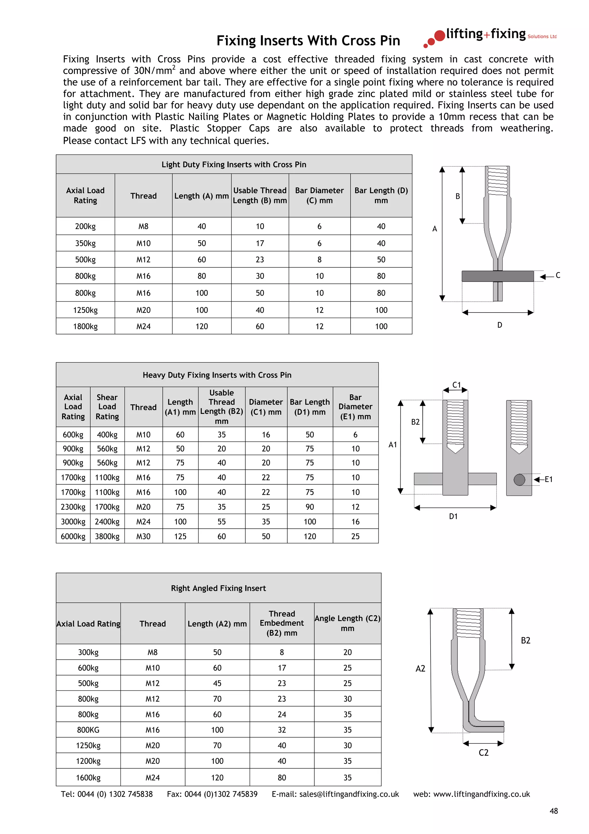 Fixing Inserts With Cross Pin
 Fixing Inserts with Cross Pins provide a cost effective threaded fixing system in cast concrete with
 compressive of 30N/mm2 and above where either the unit or speed of installation required does not permit
 the use of a reinforcement bar tail. They are effective for a single point fixing where no tolerance is required
 for attachment. They are manufactured from either high grade zinc plated mild or stainless steel tube for
 light duty and solid bar for heavy duty use dependant on the application required. Fixing Inserts can be used
 in conjunction with Plastic Nailing Plates or Magnetic Holding Plates to provide a 10mm recess that can be
 made good on site. Plastic Stopper Caps are also available to protect threads from weathering.
 Please contact LFS with any technical queries.

                              Light Duty Fixing Inserts with Cross Pin


  Axial Load                                        Usable Thread     Bar Diameter        Bar Length (D)
                     Thread      Length (A) mm                                                                        B
    Rating                                          Length (B) mm        (C) mm                mm


     200kg            M8                 40              10                   6                40                A
     350kg            M10                50              17                   6                40

     500kg            M12                60              23                   8                50

     800kg            M16                80              30                   10               80                                                 C

     800kg            M16               100              50                   10               80

    1250kg            M20               100              40                   12               100

    1800kg            M24               120              60                   12               100                               D




                       Heavy Duty Fixing Inserts with Cross Pin
                                                                                                                     C1
                                      Usable
 Axial    Shear                                                                        Bar
                             Length   Thread    Diameter Bar Length
  Load     Load      Thread                                                         Diameter
                            (A1) mm Length (B2) (C1) mm   (D1) mm
 Rating   Rating                                                                    (E1) mm
                                       mm                                                                  B2
 600kg       400kg    M10         60           35          16            50               6
                                                                                                     A1
 900kg       560kg    M12         50           20          20            75            10
 900kg       560kg    M12         75           40          20            75            10
 1700kg   1100kg      M16         75           40          22            75            10                                                    E1
 1700kg   1100kg      M16        100           40          22            75            10
 2300kg   1700kg      M20         75           35          25            90            12
                                                                                                                     D1
 3000kg   2400kg      M24        100           55          35           100            16
 6000kg   3800kg      M30        125           60          50           120            25




                                 Right Angled Fixing Insert


                                                             Thread
                                                                              Angle Length (C2)
Axial Load Rating      Thread          Length (A2) mm      Embedment
                                                                                     mm
                                                            (B2) mm
                                                                                                                                       B2
     300kg               M8                   50                  8                  20
     600kg              M10                   60                 17                  25                     A2
     500kg              M12                   45                 23                  25
     800kg              M12                   70                 23                  30
     800kg              M16                   60                 24                  35
     800KG              M16                   100                32                  35
     1250kg             M20                   70                 40                  30
                                                                                                                            C2
     1200kg             M20                   100                40                  35

     1600kg             M24                   120                80                  35

 Tel: 0044 (0) 1302 745838      Fax: 0044 (0)1302 745839        E-mail: sales@liftingandfixing.co.uk       web: www.liftingandfixing.co.uk

                                                                                                                                              48
 