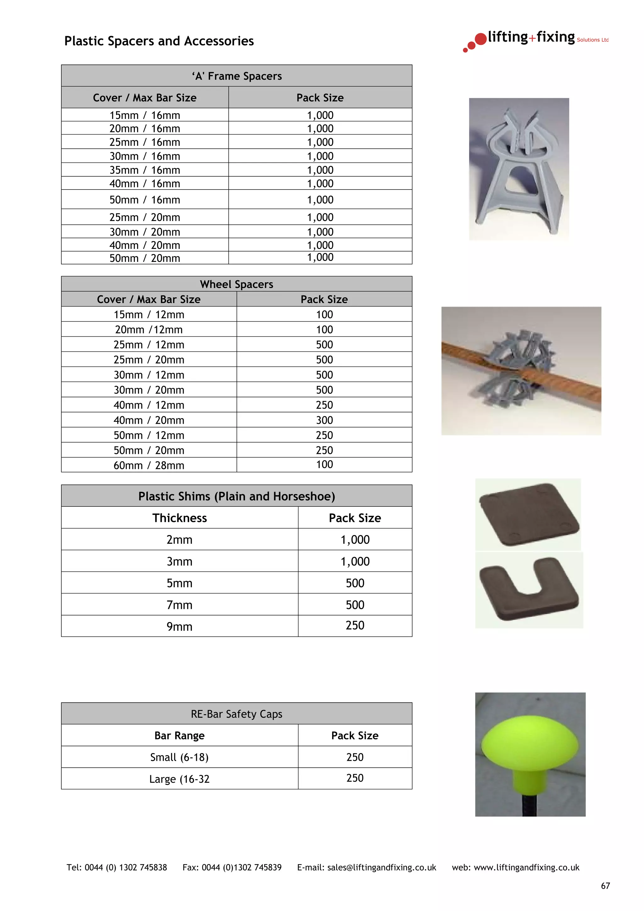 Plastic Spacers and Accessories

                               ‘A' Frame Spacers

      Cover / Max Bar Size                              Pack Size
          15mm    /   16mm                                1,000
          20mm    /   16mm                                1,000
          25mm    /   16mm                                1,000
          30mm    /   16mm                                1,000
          35mm    /   16mm                                1,000
          40mm    /   16mm                                1,000
          50mm / 16mm                                     1,000
          25mm    /   20mm                                1,000
          30mm    /   20mm                                1,000
          40mm    /   20mm                                1,000
          50mm    /   20mm                                1,000

                           Wheel Spacers
       Cover / Max Bar Size                             Pack Size
          15mm / 12mm                                      100
          20mm /12mm                                       100
          25mm / 12mm                                      500
          25mm / 20mm                                      500
          30mm / 12mm                                      500
          30mm / 20mm                                      500
          40mm / 12mm                                      250
          40mm / 20mm                                      300
          50mm / 12mm                                      250
          50mm / 20mm                                      250
          60mm / 28mm                                      100

                 Plastic Shims (Plain and Horseshoe)
                      Thickness                                 Pack Size
                         2mm                                       1,000
                         3mm                                       1,000
                         5mm                                        500
                         7mm                                        500
                         9mm                                        250




                               RE-Bar Safety Caps
                       Bar Range                                Pack Size

                      Small (6-18)                                  250

                      Large (16-32                                  250




Tel: 0044 (0) 1302 745838    Fax: 0044 (0)1302 745839   E-mail: sales@liftingandfixing.co.uk   web: www.liftingandfixing.co.uk

                                                                                                                                 67
 