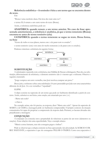 Lingüística Textual 33
Referência endofórica – A remissão é feita a um termo que se encontra dentro
do texto.
Em:
“Bruna é uma excelente aluna. Ela tirou dez mais uma vez”.
o termo ELA remete a um outro termo do texto (Bruna).
Assim, a referência endofórica pode ser:
ANAFÓRICA: quando remete a um termo anterior. No caso da frase apre-
sentada anteriormente, a referência é anafórica, já que o termo remetente (Bruna)
encontra-se antes do termo remissivo (ela).
CATAFÓRICA: quando o termo remetente se segue no texto. Dessa forma,
na frase
“Gosto de todos os seus planos, menos este: o de parar com os estudos”.
o termo remissivo (este) vem antes do trecho remetente (o de parar com os estudos).
Podemos sintetizar a referência da seguinte forma:
SUBSTITUIÇÃO
A substituição é parecida com a referência, mas Halliday & Hassan a distinguem. Para eles, na subs-
tituição, diferentemente da referência, o elemento remissivo não é o mesmo que o referente. Observe o
seguinte enunciado:
“Jorge comprou um carro vermelho, mas José resolveu comprar um preto.”
Desse jeito, o referente sofreu uma redeﬁnição. O carro pretendido por João tem uma característica
diferente do de José. Aí a cor vermelha é “repudiada”.
ELIPSE
A elipse consiste na supressão de um termo que pode ser facilmente identiﬁcado a partir do con-
texto. Assim, substitui-se um léxico, uma oração, um enunciado por zero ( ø ).
- Marta saiu cedo?
- ø Saiu ø.
No exemplo acima, não foi preciso, na resposta, dizer “Marta saiu cedo”. Apesar da supressão de
MARTA e de CEDO, a mensagem pôde ser facilmente compreendida. O próprio contexto da situação
comunicativa foi capaz de propiciar a compreensão da resposta dada. Portanto, as lacunas deixadas não
prejudicaram a mensagem.
CONJUNÇÃO
A conjunção (ou conexão) tem a propriedade de relacionar as partes de um texto (elementos ou
orações). Estas relações têm uma especiﬁcidade. Veja o exemplo abaixo:
“Márcio correu bastante, mas não conseguiu pegar o ônibus”.
Pode-se observar que a relação existente na frase apresentada é de adversidade. Se MÁRCIO COR-
REU BASTANTE, a expectativa é que ele conseguisse PEGAR O ÔNIBUS. Como essa expectativa é
 