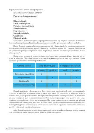 FTC EaD | LETRAS56
do por Marcuschi a respeito dessa perspectiva:
(DESTACAR O QUADRO ABAIXO)
Fala e escrita apresentam
Dialogicidade
Usos estratégicos
Funções interacionais
Envolvimento
Negociação
Situacionalidade
Coerência
Dinamicidade
Nesse sentido, Marcuschi sugere que a perspectiva interacionista seja integrada aos estudos da Análise da
Conversação etnográﬁca e da Lingüística Textual, para que os estudos apresentassem melhores resultados.
Diante disso, dá para perceber que nos estudos da fala e da escrita não há consenso, muito menos
nos da oralidade e do letramento. Segundo Marcuschi, “as diferenças entre fala e escrita se dão dentro de
um continuum tipológico das práticas sociais de produção textual e não na relação dicotômica de dois
pólos opostos”.
Muitas vezes, ao tratar de gêneros textuais, percebemos que, em relação à fala e à escrita, tais gê-
neros se misturam. Além disso, muitos textos escritos podem apresentar mais aspectos orais. Agora,
observe o quadro abaixo elaborado por Marcuschi:
Quando analisamos a língua em seus diversos meios de manifestação, levando em consideração
o seu uso na sociedade, vemos que muitas vezes os aspectos da fala e da escrita se misturam. Vejam, a
exemplo disso, o bate-papo na internet. Ele representa a língua falada ou a língua escrita? Ou deveríamos
observar esse tipo de texto como um texto misto? Bem, muitas respostas para essas questões estão sendo
propostas, principalmente a de ser um texto misto. Mas o que importa nesse momento é que a língua,
tanto falada como escrita, passe a ser vista de outra forma, que não como um sistema dicotômico, for-
mal e rígido. É preciso acompanhar os novos estudos acerca desses aspectos e compreender como essas
questões estão sendo tratadas ultimamente.
Além disso, é importante vermos alguns aspectos da conversação. Preste bastante atenção para esse
outro trabalho em textos conversacionais. Prontos? Então vamos nessa!
 