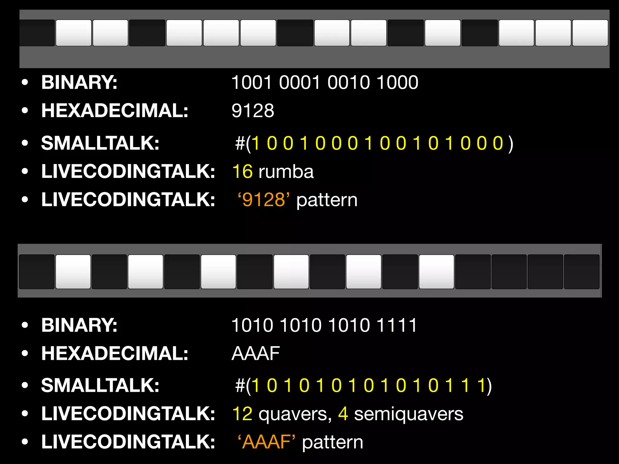 • BINARY: 1001 0001 0010 1000

• HEXADECIMAL: 9128
• SMALLTALK: #(1 0 0 1 0 0 0 1 0 0 1 0 1 0 0 0 )

• LIVECODINGTALK: 16 rumba 

• LIVECODINGTALK: ‘9128’ pattern
• SMALLTALK: #(1 0 1 0 1 0 1 0 1 0 1 0 1 1 1)

• LIVECODINGTALK: 12 quavers, 4 semiquavers 

• LIVECODINGTALK: ‘AAAF’ pattern
• BINARY: 1010 1010 1010 1111

• HEXADECIMAL: AAAF
 