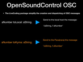 OpenSoundControl OSC
• The LiveCoding package simplify the creation and dispatching of OSC messages
aNumber toLocal: aString.
aNumber toKyma: aString.
Send to the local host the message:

‘/aString, f aNumber’
Send to the Paca(rana) the message

’/aString, f aNumber’
 