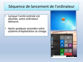 Séquence de lancement de l'ordinateur
• Lorsque l'unité centrale est
allumée, votre ordinateur
démarre.
• Après quelques secondes votre
système d'exploitation se charge.
 
