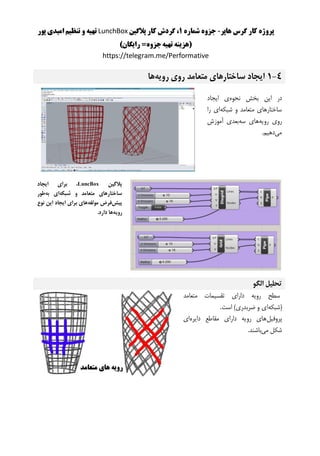 ‫هاپر‬ ‫گرس‬ ‫کار‬ ‫پروژه‬-‫شماره‬ ‫جزوه‬1‫پالگین‬ ‫کار‬ ‫گردش‬ ،LunchBox‫پور‬ ‫امیدی‬ ‫تنظیم‬ ‫و‬ ‫تهیه‬
)‫رایگان‬ =‫جزوه‬‫تهیه‬ ‫(هزینه‬
https://telegram.me/Performative
4-1‫رویه‬ ‫روی‬ ‫متعامد‬ ‫ساختارهای‬ ‫ایجاد‬‫ها‬
‫ب‬ ‫این‬ ‫در‬‫نحوه‬ ‫خش‬‫ایجاد‬ ‫ی‬
‫شبکه‬ ‫و‬ ‫متعامد‬ ‫ساختارهای‬‫را‬ ‫ای‬
‫رویه‬ ‫روی‬‫سه‬ ‫های‬‫آموزش‬ ‫بعدی‬
‫می‬.‫دهیم‬
‫پالگین‬LuncBox‫ایجاد‬ ‫برای‬ ،
‫شبکه‬ ‫و‬ ‫متعامد‬ ‫ساختارهای‬‫به‬ ‫ای‬‫طور‬
‫پیش‬‫مولفه‬ ‫فرض‬‫نوع‬ ‫این‬ ‫ایجاد‬ ‫برای‬ ‫های‬
‫رویه‬.‫دارد‬ ‫ها‬
‫الگو‬ ‫تحلیل‬
‫متعامد‬ ‫تقسیمات‬ ‫دارای‬ ‫رویه‬ ‫سطح‬
‫(شبکه‬‫ضر‬ ‫و‬ ‫ای‬.‫است‬ )‫بدری‬
‫پروفیل‬‫دایره‬ ‫مقاطع‬ ‫دارای‬ ‫رویه‬ ‫های‬‫ای‬
‫می‬ ‫شکل‬.‫باشند‬
 