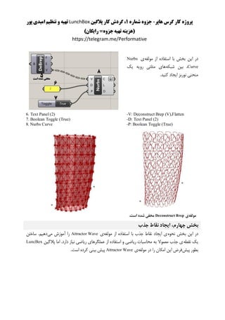 ‫هاپر‬ ‫گرس‬ ‫کار‬ ‫پروژه‬-‫شماره‬ ‫جزوه‬1‫پالگین‬ ‫کار‬ ‫گردش‬ ،LunchBox‫پور‬ ‫امیدی‬ ‫تنظیم‬ ‫و‬ ‫تهیه‬
)‫رایگان‬ =‫جزوه‬‫تهیه‬ ‫(هزینه‬
https://telegram.me/Performative
‫م‬ ‫از‬ ‫استفاده‬ ‫با‬ ‫بخش‬ ‫این‬ ‫در‬‫ولفه‬‫ی‬Nurbs
Curve‫شبکه‬ ‫بین‬ ،‫یک‬ ‫رویه‬ ‫مثلثی‬ ‫های‬
.‫کنید‬ ‫ایجاد‬ ‫نوربز‬ ‫منحنی‬
-V: Deconstruct Brep (V),Flatten
-D: Text Panel (2)
-P: Boolean Toggle (True)
6. Text Panel (2)
7. Boolean Toggle (True)
8. Nurbs Curve
‫مولفه‬‫ی‬Deconstruct Brep.‫است‬ ‫شده‬ ‫مخفی‬
‫ب‬‫جذب‬ ‫نقاط‬ ‫ایجاد‬ ،‫چهارم‬ ‫خش‬
‫نحوه‬ ‫بخش‬ ‫این‬ ‫در‬‫از‬ ‫استفاده‬ ‫با‬ ‫جذب‬ ‫نقاط‬ ‫ایجاد‬ ‫ی‬‫مولفه‬‫ی‬Attractor Wave‫می‬ ‫آموزش‬ ‫را‬.‫دهیم‬‫ساختن‬
‫نقطه‬ ‫یک‬‫پالگین‬ ‫اما‬ .‫دارد‬ ‫نیاز‬ ‫ریاضی‬ ‫عملگرهای‬ ‫از‬ ‫استفاده‬ ‫و‬ ‫ریاضی‬ ‫محاسبات‬ ‫به‬ ‫معموال‬ ‫جذب‬ ‫ی‬LuncBox
‫پیش‬ ‫بطور‬‫مولفه‬ ‫در‬ ‫را‬ ‫امکان‬ ‫این‬ ‫فرض‬‫ی‬Attractor Wave‫بینی‬ ‫پیش‬.‫است‬ ‫کرده‬
 