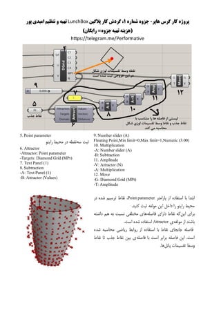 ‫هاپر‬ ‫گرس‬ ‫کار‬ ‫پروژه‬-‫شماره‬ ‫جزوه‬1‫پالگین‬ ‫کار‬ ‫گردش‬ ،LunchBox‫پور‬ ‫امیدی‬ ‫تنظیم‬ ‫و‬ ‫تهیه‬
()‫رایگان‬ =‫جزوه‬‫تهیه‬ ‫هزینه‬
https://telegram.me/Performative
9. Number slider (A)
Floating Point,Min limit=0,Max limit=1,Numeric (3.00)
10. Multiplication
-A: Number slider (A)
-B: Subtraction
11. Amplitude
-V: Attractor (N)
-A: Multiplication
12. Move
-G: Diamond Grid (MPt)
-T: Amplitude
5. Point parameter
‫سه‬ ‫ثبت‬‫راینو‬ ‫محیط‬ ‫در‬ ‫نقطه‬
6. Attractor
-Attractor: Point parameter
-Targets: Diamond Grid (MPt)
7. Text Panel (1)
8. Subtraction
-A: Text Panel (1)
-B: Attractor (Values)
‫پارامتر‬ ‫از‬ ‫استفاده‬ ‫با‬ ‫ابتدا‬Point parameter‫در‬ ‫شده‬ ‫ترسیم‬ ‫نقاط‬ ،
.‫کنید‬ ‫ثبت‬ ‫مولفه‬ ‫این‬ ‫داخل‬ ‫را‬ ‫راینو‬ ‫محیط‬
‫این‬ ‫برای‬‫که‬‫فاصله‬ ‫دارای‬ ‫نقاط‬‫داشته‬ ‫هم‬ ‫به‬ ‫نسبت‬ ‫مختلفی‬ ‫های‬
‫مولفه‬ ‫از‬ ‫باشند‬‫ی‬Attractor.‫است‬ ‫شده‬ ‫استفاده‬
‫شده‬ ‫محاسبه‬ ‫ریاضی‬ ‫روابط‬ ‫از‬ ‫استفاده‬ ‫با‬ ‫نقاط‬ ‫جابجای‬ ‫فاصله‬
‫فاصله‬ ‫با‬ ‫است‬ ‫برابر‬ ‫فاصله‬ ‫این‬ .‫است‬‫نقاط‬ ‫تا‬ ‫جذب‬ ‫نقاط‬ ‫بین‬ ‫ی‬
‫پانل‬ ‫تقسیمات‬ ‫وسط‬.‫ها‬
 