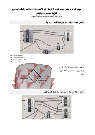 ‫هاپر‬ ‫گرس‬ ‫کار‬ ‫پروژه‬-‫شماره‬ ‫جزوه‬1‫پالگین‬ ‫کار‬ ‫گردش‬ ،LunchBox‫پور‬ ‫امیدی‬ ‫تنظیم‬ ‫و‬ ‫تهیه‬
)‫رایگان‬ =‫جزوه‬‫تهیه‬ ‫(هزینه‬
https://telegram.me/Performative
‫سه‬ ‫بین‬ ‫رویه‬ ‫ایجاد‬ ،‫سوم‬ ‫بخش‬‫نقطه‬)‫اول‬ ‫(رویه‬
13. 4Point Surface
-A: Diamond Grid (C1)
-B: Diamond Grid (C2)
-C: Move (G)
‫مولفه‬4Point Surface‫ایجاد‬ ‫برای‬
‫کاربرد‬ ‫نقطه‬ ‫چهار‬ ‫یا‬ ‫سه‬ ‫بین‬ ‫رویه‬
.‫دارد‬
)‫دوم‬ ‫(رویه‬ ‫نقطه‬ ‫سه‬ ‫بین‬ ‫رویه‬ ‫ایجاد‬ ،‫چهارم‬ ‫بخش‬
 